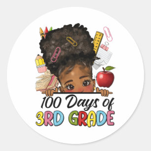 100 Tage der Schule 3. Klasse Afro Girl Messy Bun Runder Aufkleber