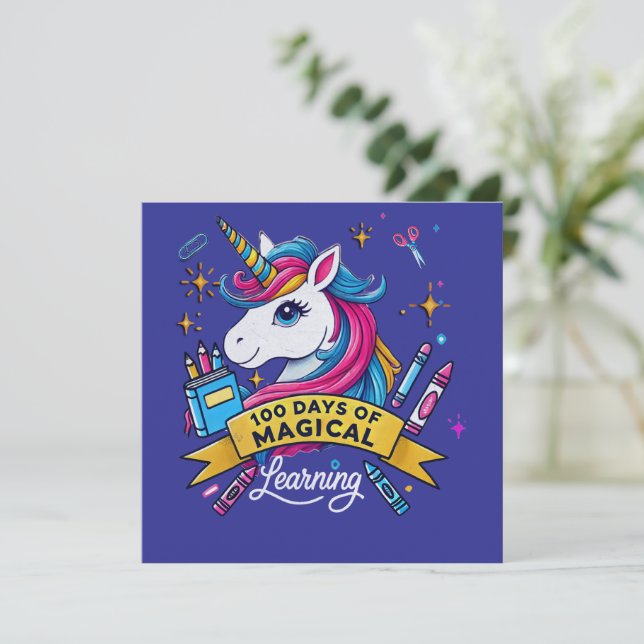 100 Tage Magisches Lernen Niedlich Unicorn Einladung (Stehend Vorderseite)