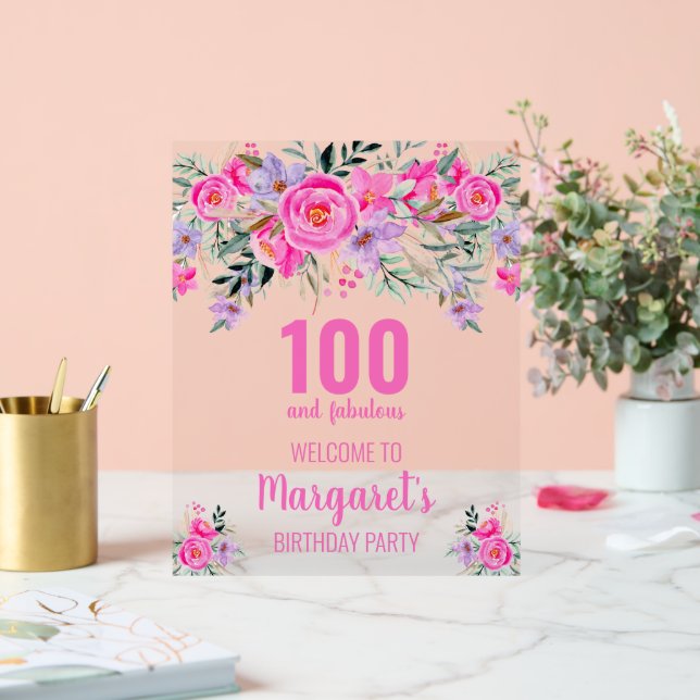 100 und der fantastische Empfang in rosa Blumen Acrylschild (Hochzeit)