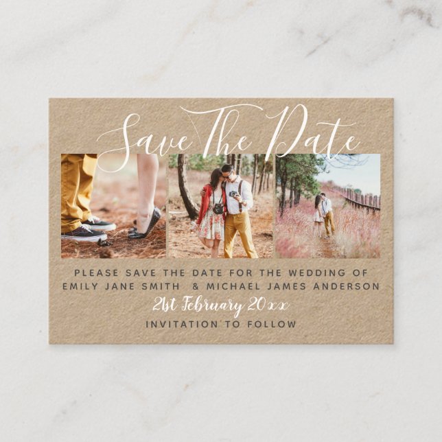 100 x FOTO SAVE THE DATE Kleine KRAFT Hochzeit Telefonnummerkarte (Vorderseite)
