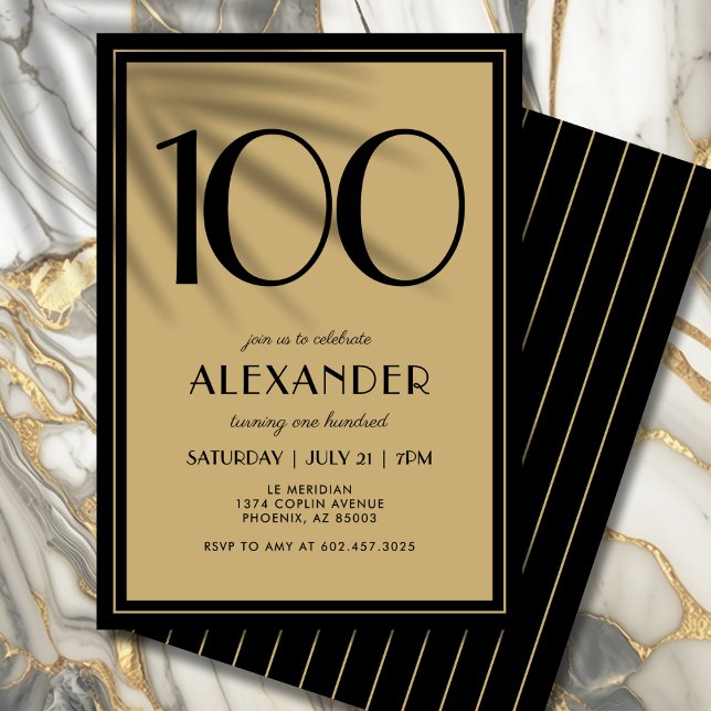 100th Birthday Adult Black and Gold Modern Minimal Einladung (Personalized black and gold invitation for an unforgettable 100th birthday.)