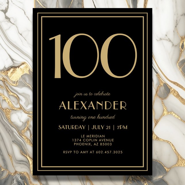 100th Birthday Black and Gold Modern Minimal Adult Einladung (Elegant black and gold 100th birthday invitation design for him or her.)