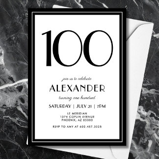 100th Birthday Black and White Modern Minimalist  Einladung