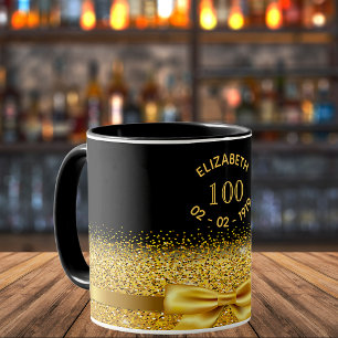 100th birthday black gold name elegant bow tasse