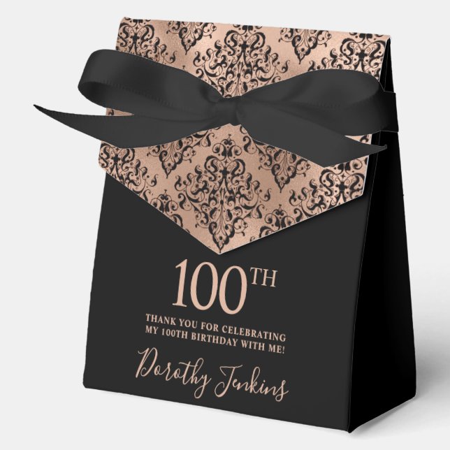 100th Birthday Black Rose Gold Damask Thank You  Geschenkschachtel (Vorderseite)
