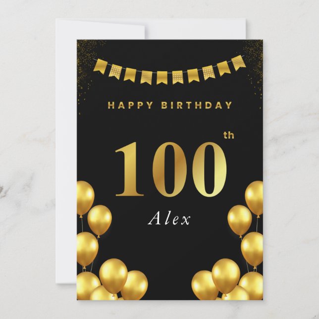 100th Birthday Card Black and Gold Balloons Karte (Vorderseite)