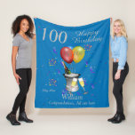 100th Birthday Celebration Blue Fleece Blanket<br><div class="desc">Stylish milestone Happy birthday 100th age age blanket. Feys an ice bucket with a bottle, flute glasses, colorful ballons and confetti all wir a blue background with silver colored text. Perfect a gift to celebrate a 100th birthday, something that they can cherish and snuggle up with, Can be customize by...</div>
