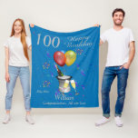 100th Birthday Celebration Blue Fleece Blanket<br><div class="desc">Stylish milestone Happy birthday 100th age age blanket. Feys an ice bucket with a bottle, flute glasses, colorful ballons and confetti all wir a blue background with silver colored text. Perfect a gift to celebrate a 100th birthday, something that they can cherish and snuggle up with, Can be customize by...</div>