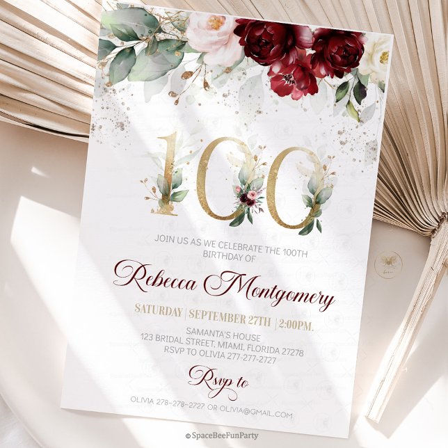 100th birthday Elegant Milestone invitation RSVP Karte (100th birthday invitation, editable sage green invitation, elegant floral design, eighty year old br)