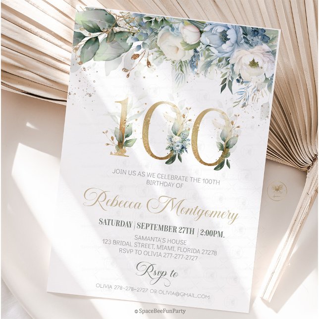 100th birthday Elegant Milestone invitation RSVP Karte (100th birthday invitation, editable sage green invitation, elegant floral design, eighty year old br)