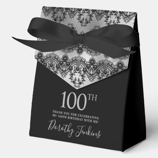 100th Birthday Elegant Silver Black Lace Thank You Geschenkschachtel (Vorderseite)