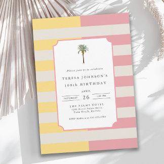 100th Birthday Palm Beach Pastel Stripe Tropical Einladung