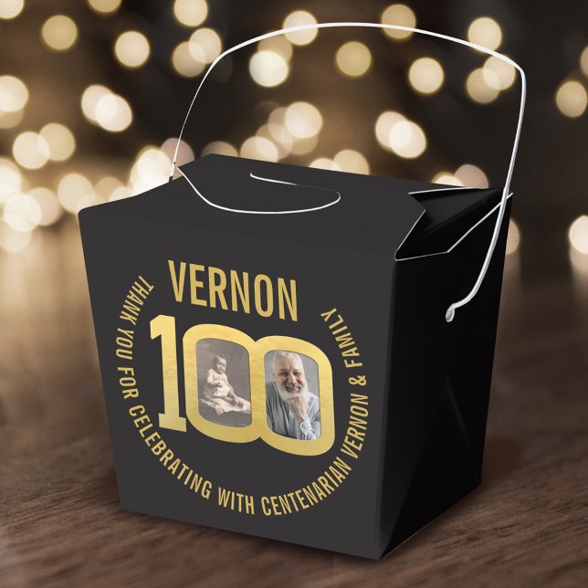 100th Birthday party custom photo favor black gold Geschenkschachtel (Von Creator hochgeladen)