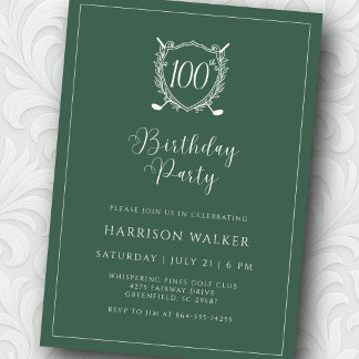 100th Birthday Party Golf Crest Elegant Script Einladung
