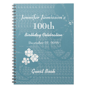 100th Birthday Party Guest Book Blue, White Floral Notizblock