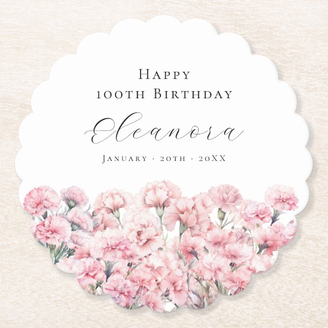100th Birthday Pink Carnation January Birth Flower Untersetzer (Vorderseite)