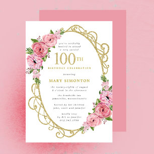 100th Birthday Pink Rose Floral Gold  Einladung