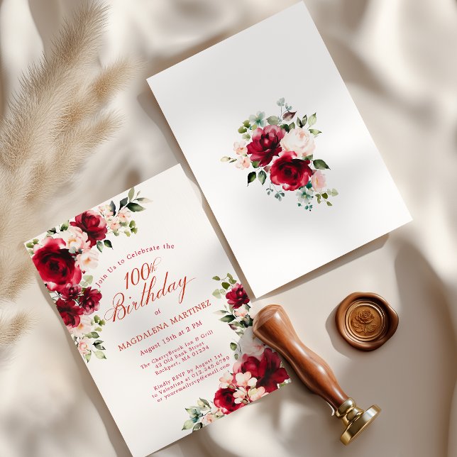 100th Birthday Red Rose Pink Peony Floral Einladung (Von Creator hochgeladen)