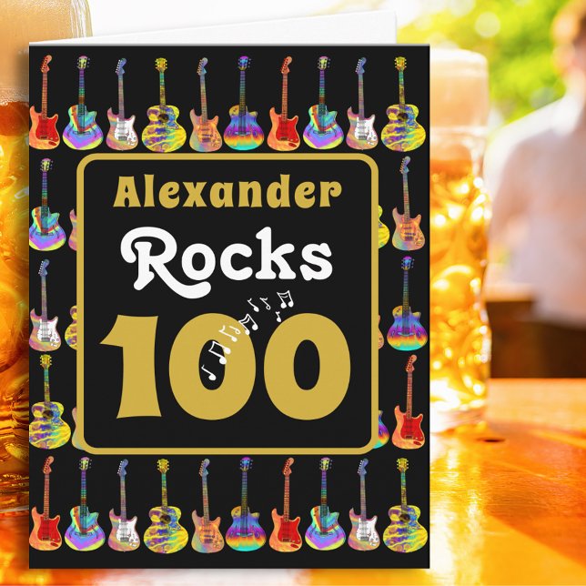 100th birthday Retro Groovy Guitar Personalized Karte (Music lovers Guitar 100th birthday personalized name rocks 100 black & gold rock & roll folded card)
