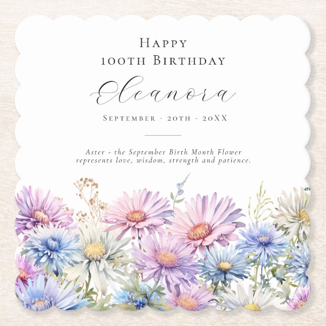 100th Birthday September Birth Flower Custom Untersetzer (Vorderseite)