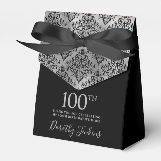 100th Birthday Silver Damask Thank You Geschenkschachtel (Vorderseite)