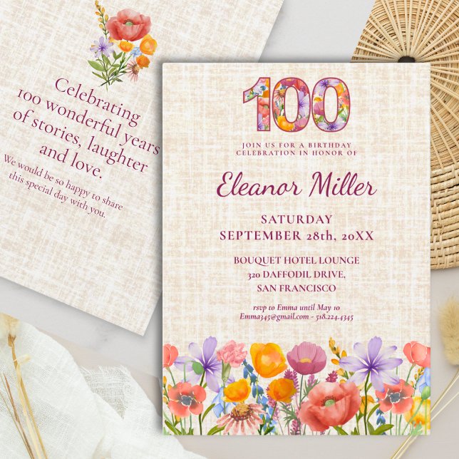  100th Birthday Wildflowers - Floral Number Einladung (Von Creator hochgeladen)