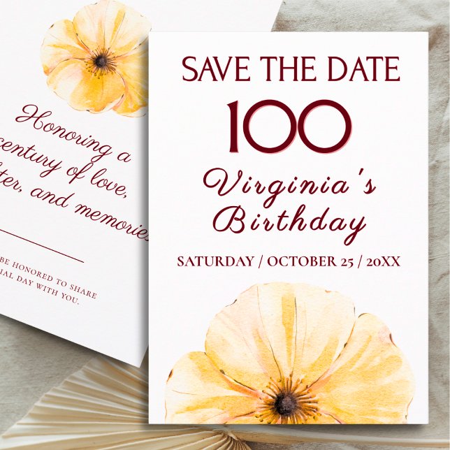 100th Birthday Yellow Flower, Modern Save the Date (Von Creator hochgeladen)