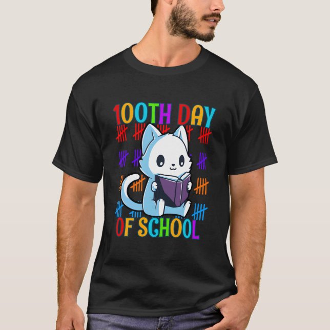 100Th Day Of School Cat Reading T-Shirt (Vorderseite)
