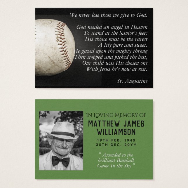 100x BASEBALL Memorial Prayer Card Foto und Verse (Vorne & Hinten)