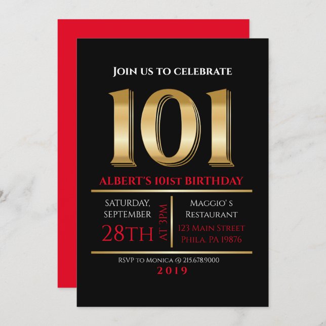 101. Geburtstag Gold Black Party Einladung (Vorne/Hinten)