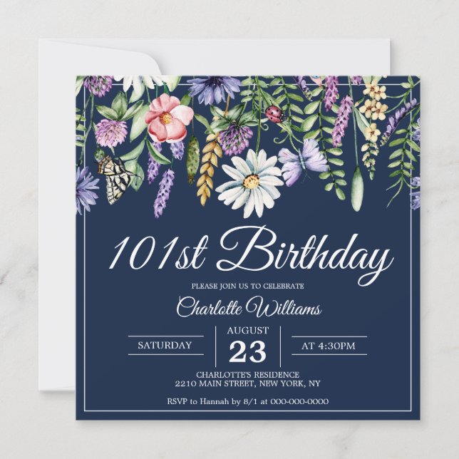 101. Geburtstag Wildblumen Marine Elegant 101 Jahr Einladung (Vorderseite)