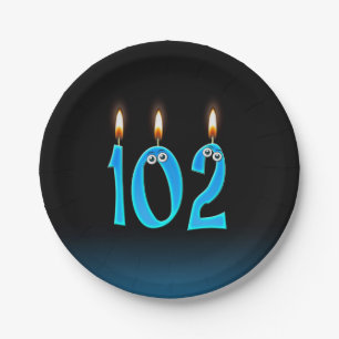 102. Geburtstag mit leuchtenden Kerzenzahlen Pappteller