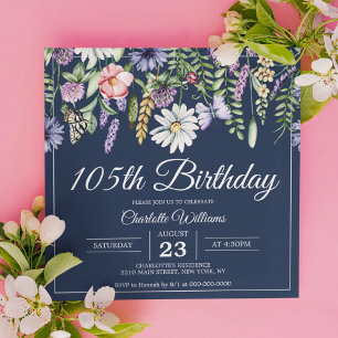 105. Geburtstag Wildblumen Marine Elegant 105 Jahr Einladung