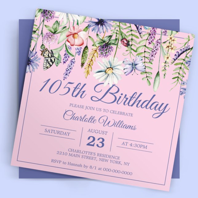 105. Geburtstag Wildblumen Rosa 105 Jahre Einladung (105th Birthday Wildflowers Pink 105 Years Invitation
)