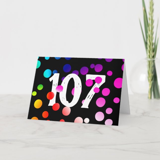 107. Geburtstag Rainbow Dots auf Black Karte (Vorderseite)