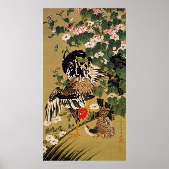 10. 芙 蓉 双 図, 若 鶏 chinesischen Hibiskus & Rooster,  Poster (Vorne)