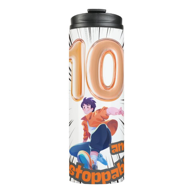 10 and Unstoppable Boys’ Birthday Thermosbecher (Vorderseite)