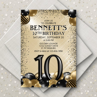10. Balloons Black Gold Geburtstag Einladung