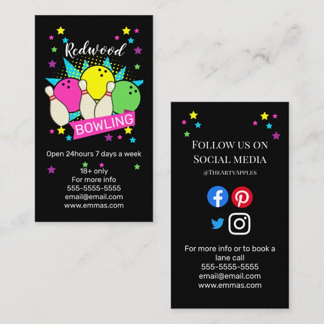 10 Button Bowling Retro Neon Bowling Galle Visitenkarte (Vorne/Hinten)