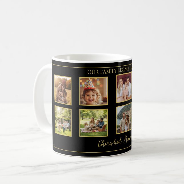 10 Family Photo Collage Elegant Black and Gold Mug Kaffeetasse (Vorderseite Links)