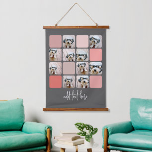10 Foto Collage Grau Blush Pink Coral Script Text Wandteppich Mit Holzrahmen