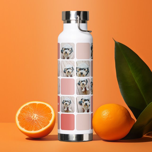 10 Foto Collage Moderne Würfel - Korallenrosa Blau Trinkflasche (Personalized water bottle - custom photo collage)