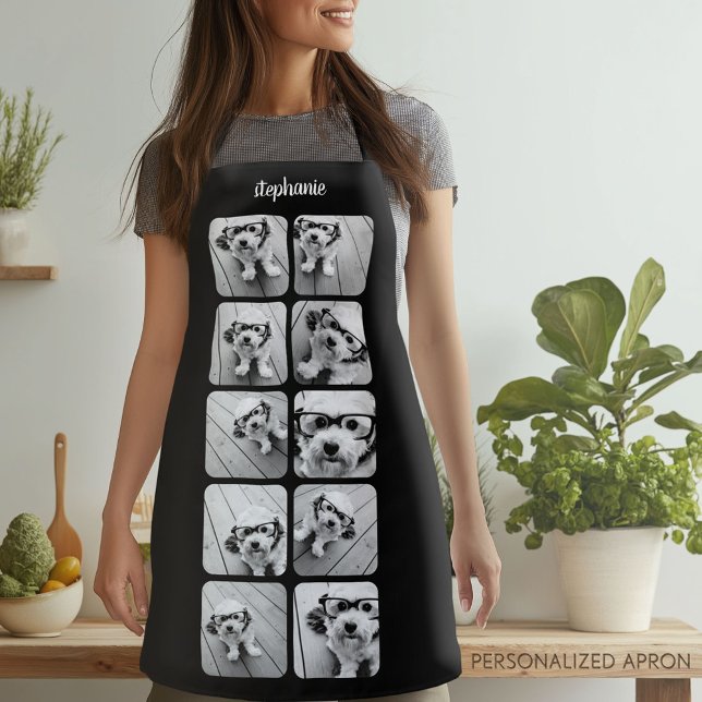 10 Foto Collage Stacks - Schwarz-weißer Skriptname Schürze (Personalized Apron)
