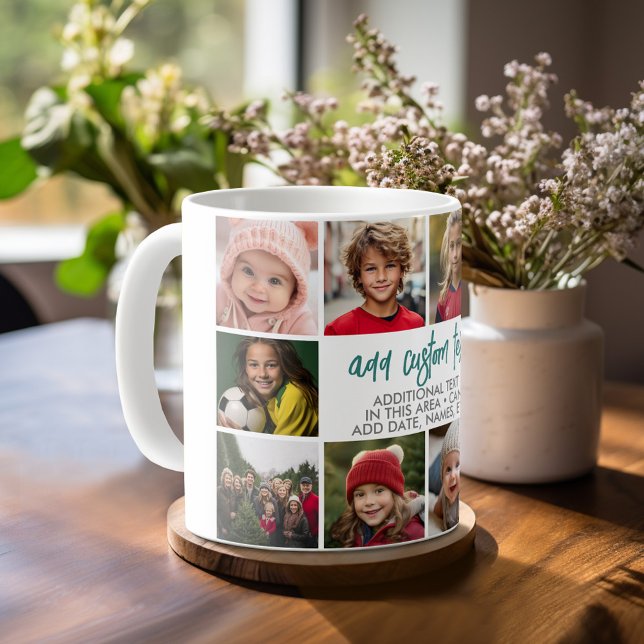 10 Foto Grenze mit Textmitte - Aquamarin grau Kaffeetasse (Personalized mug template with a funky 10 photo collage and custom text)
