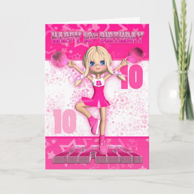 10. Geburtstag Cheerleader Tanzen, Sterne in Rosa Karte (Vorderseite)