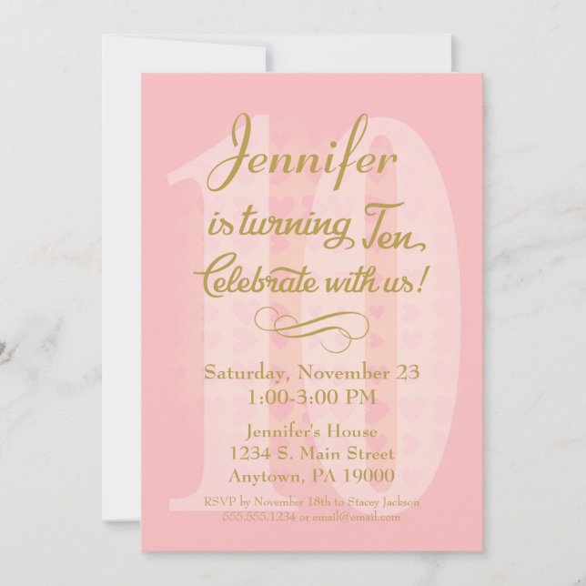 10. Geburtstag Einladung Girls Pink Gold Herzen (Vorderseite)