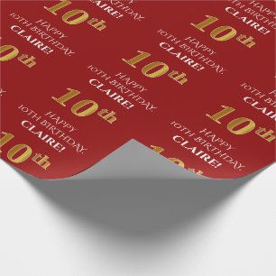 10. Geburtstag: Elegant, rot, Imitat Gold Look Geschenkpapier