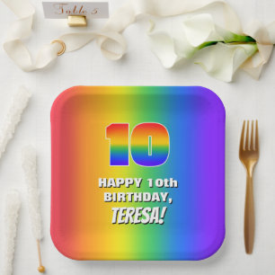 10. Geburtstag: Farbige, lustige Regenbogenmuster  Pappteller