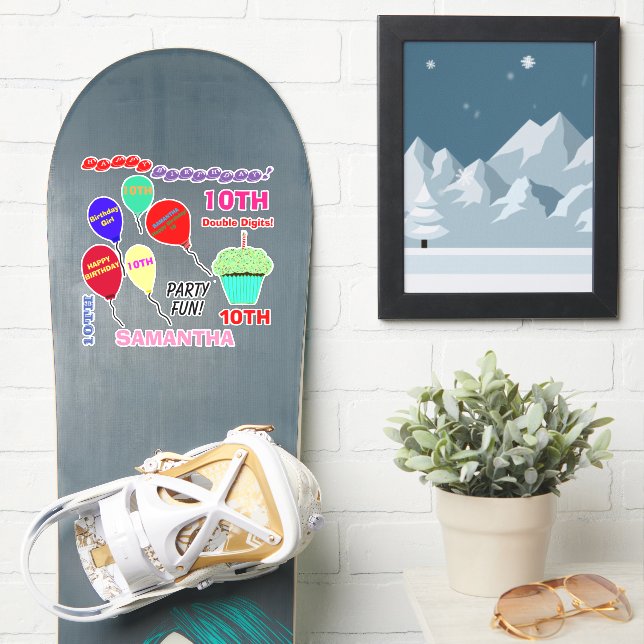 10. Geburtstag Girl Balloons Cupcake Vinyl Aufkleber (Snowboard)