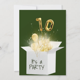10. Geburtstag Gold Ballons in weißer Box Einladung